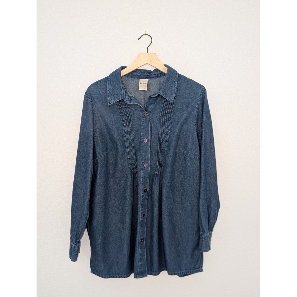 Blair Womens Denim Pintuck Button Down Shirt Large